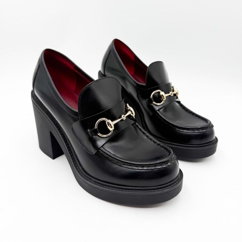 Gucci Platform Horsebit Loafers Black Leather Chunky Heel Pumps EU 38.5 US 8.5 - Picture 2 of 11